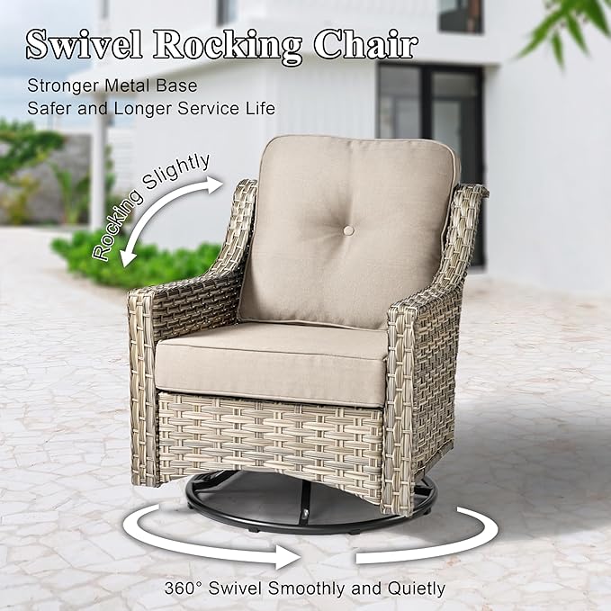 Patio Conversation Set,5 Pieces Wicker Patio Furnitures with Swivel Chair and Coffee Table,All Weather Patio Furniture Set for Garden,Backyard,Poolside and Patio,Beige