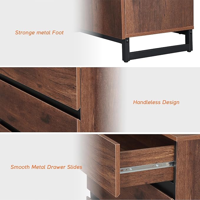 WAMPAT Nightstand with 3 Drawers for Bedroom, Modern Bedside Table with Black Square Metal Leg, Wood Rustic Side End Table, Brown - Image 6