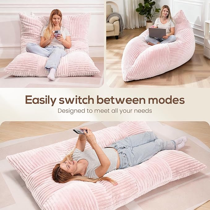 HOMRELEXA Giant Bean Bag Chair, 3-in-1 Convertible Bean Bag Floor Cushion with Washable Cover,Beanbag Chairs for Adult, Living Room, Bedroom, Pink