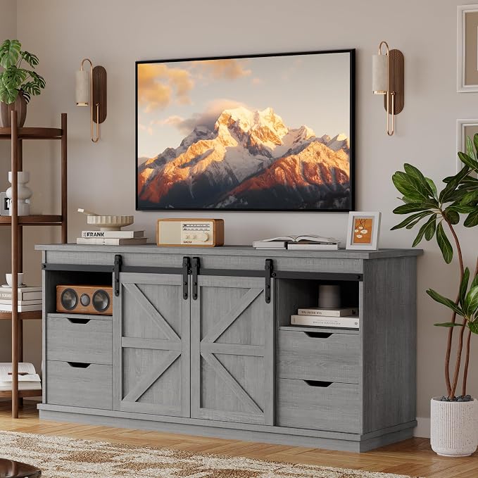 YESHOMY Farmhouse TV Stand for Televisions up to 65 Inch, Wood Entertainment Center with Sliding Barn Doors and 4 Storage Drawers, 58’’ Media Console Cabinet with Shelves for Living Room, Gray by SearchallYESHOMY
