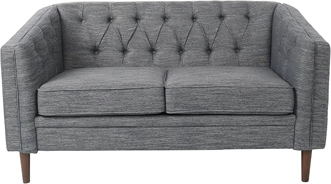 Christopher Knight Home Contemporary Tufted and Diamond Stitching Fabric Loveseat,Tub-Design 2-Seater Sofa,Removable Cushions, Birch Wood Legs,Square Arms,Charcoal Gray and Espresso