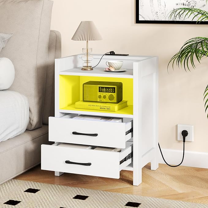 KOMFOTT Nightstand with LED Lights & Charging Station, 23.5” Smart Bedside Table with 2 Drawers & Open Storage Shelf, USB Port & Outlets, Modern End Side Table for Bedroom, White - Image 2