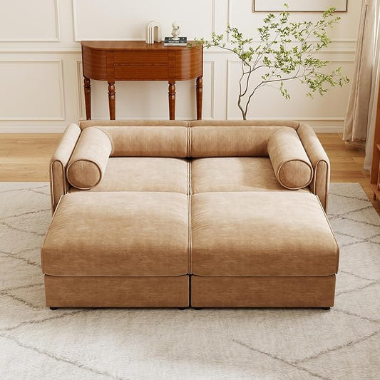 KEIKI 76" Modular Loveseat Chenille Sectional Sofa with Storage Seat and 2 Ottoman, Modern Style 2-Seater Couch with Cylindrical Backrest and Armrests, Easy Assembly, for Apartment, Living Room, Camel