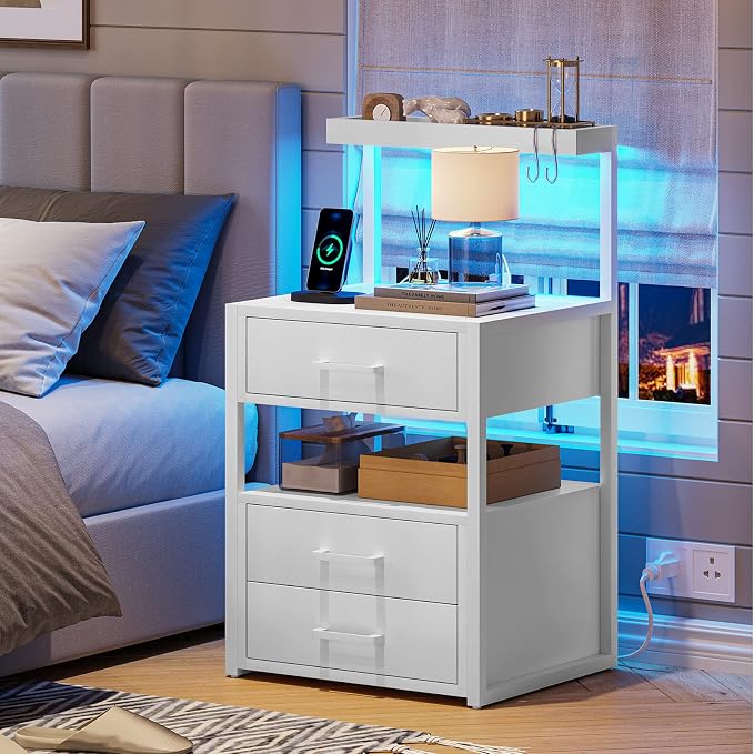 Nightstand with Charging Station and LED Lights, LED Night Stand with 2 USB Ports and 2 AC Outlets, Modern End Table with 3 Drawers, Bedside Table with Open Storage for Bedroom, White - Image 7