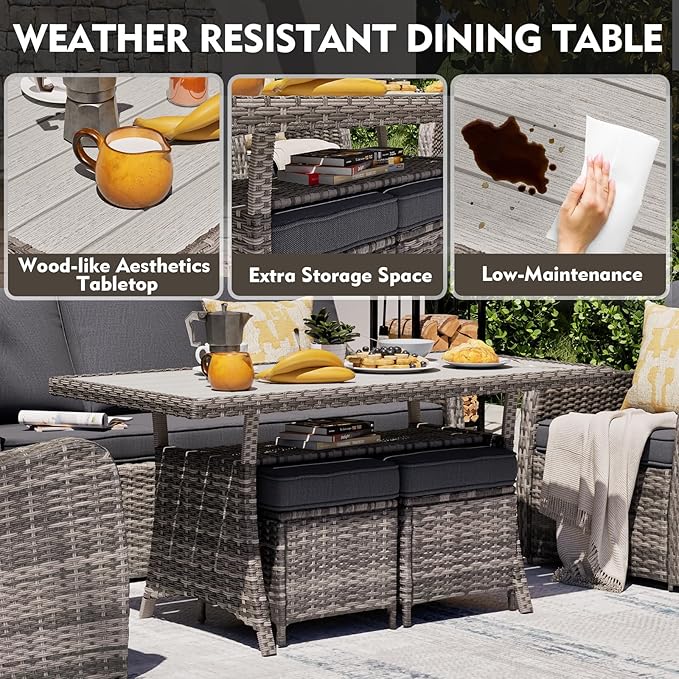 MEISSALIVVE Outdoor Patio Furniture Set with Swivel Chairs, 8 Pieces Wicker Patio Conversation Set, Outdoor Patio Set with 2 Swivel Rocking Chair & 2 Single Chair, 2 Ottomans and Dining Table (Grey)