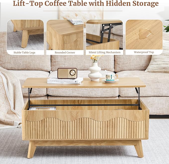 BERRYMERRY Lift Top Coffee Table with Hidden Storage, Farmhouse Fluted Coffee Table with Wave Profile, Rising Top Rectangular Center Table for Living Room (Natural Oak)