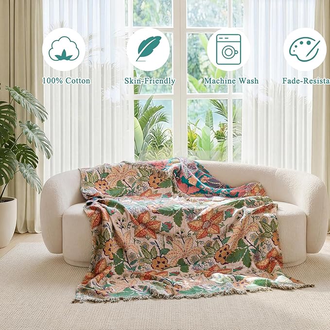 Boho Throw Blanket - 50"x60" 100% Cotton Soft Breathable Lightweight Bed Blanket, Reversible Muslin Spring Blankets Green Floral Farmhouse Decor Rustic Quilt for Bed Couch