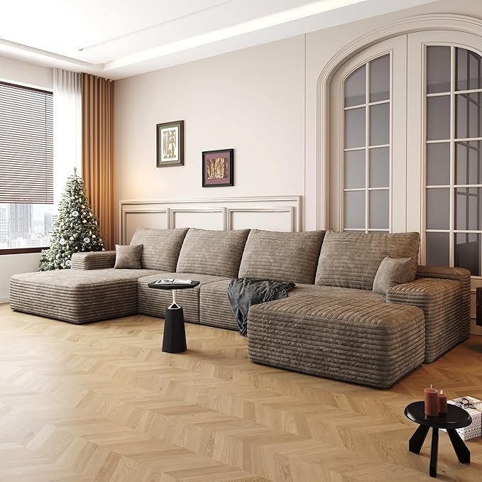 135" U Shaped Sectional Couch with Ottoman, Large Sectional Couches for Living Room, Plush Corduroy Convertible Sleeper Sofa, Compressed Foam Sofa in a Box No Assembly, Left Facing Chaise, Camel