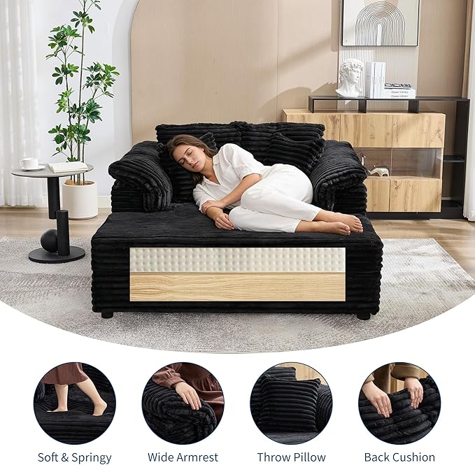 Oversized Chaise Lounge Chair 59 * 54 Inch Indoor Comfy Corduroy Cloud Sleeper Couch Upholstered Sofa Bed with USB Port Throw Pillows Supportive Armrests for Living Room