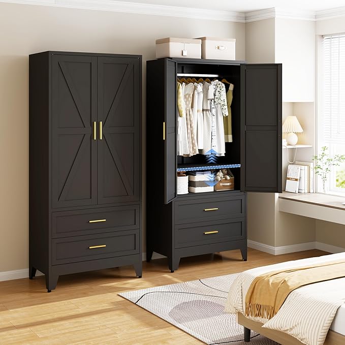 Metal Armoire Wardrobe Closet with 2 Drawers, 71" Wardrobe Cabinet with 1 Adjustable Shelf & 1 Hanging Rod for Bedroom, Black Metal Closet Storage Cabinet with 2 Doors & 2 Drawers