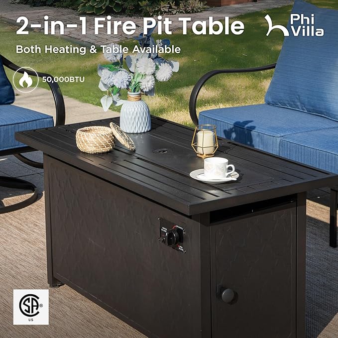 PHI VILLA 4 Piece Patio Furniture with FirePit Table, Metal Outdoor Furniture Set with 3-Seat Wide Deep Seating Bench & 2 x Swivel Sofa Chairs,Outdoor Conversation Set for 5, Peacock Blue