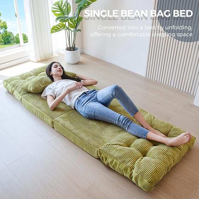 MAXYOYO Folding Sofa Bed, Tufted Bean Bag Bed with Pillows Floor Mattress for Adults, Extra Thick and Long Floor Sofa, Single Couch for Bedroom Living Room, Green, 30x91 Inch