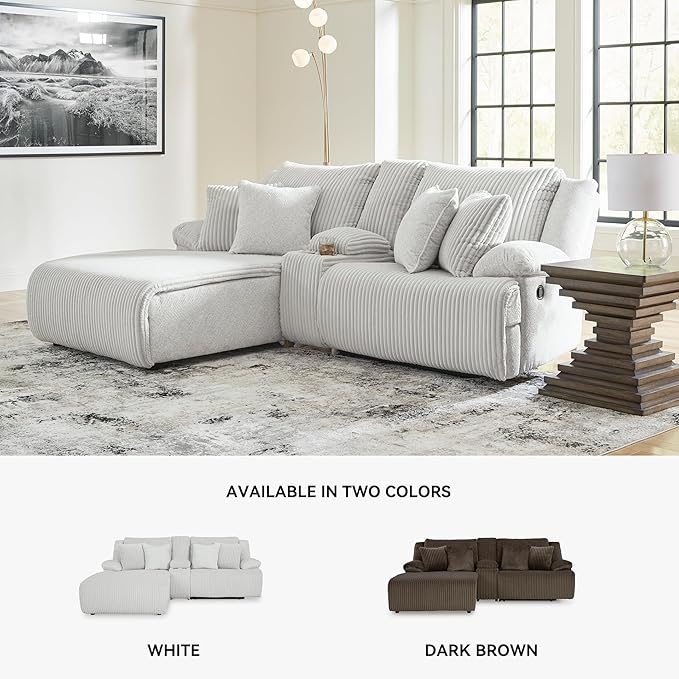 Signature Design by Ashley Top Tier Casual L-Shaped Left-Arm Facing 3-Piece Reclining Sectional Sofa with Chaise, Console Storage and 4 Accent Pillows, White