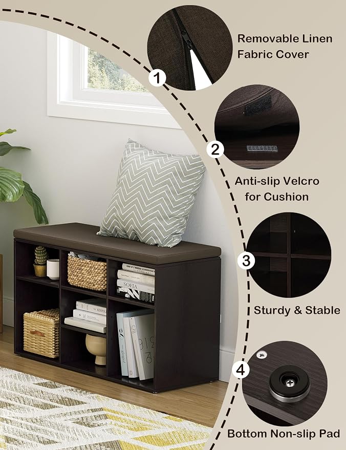 DINZI LVJ Shoe Bench, 9 Cubbies Shoe Organizer for Entryway, Storage Bench with Cushion, Cubby Shoe Rack with Adjustable Shelves for Living Room, Bedroom, Mudroom, Hallway, Espresso - Image 9