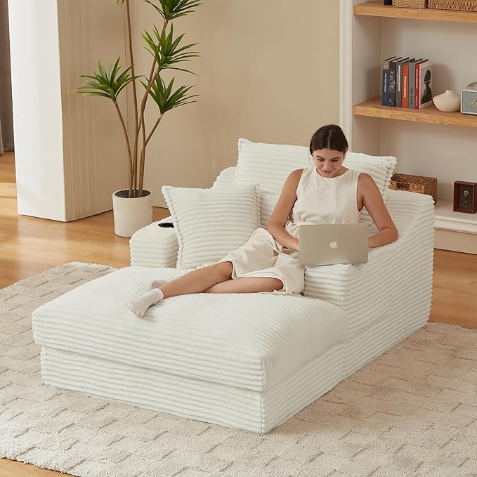 47 Inches Oversized Chaise Lounge Chair Indoor, Fluffy Corduroy Upholstered Boneless Sleeper Sofa Couch with Cupholders and 3 Throw Pillows, Deep Seat Lazy Lounger Cloud Couch Bed for Living Room