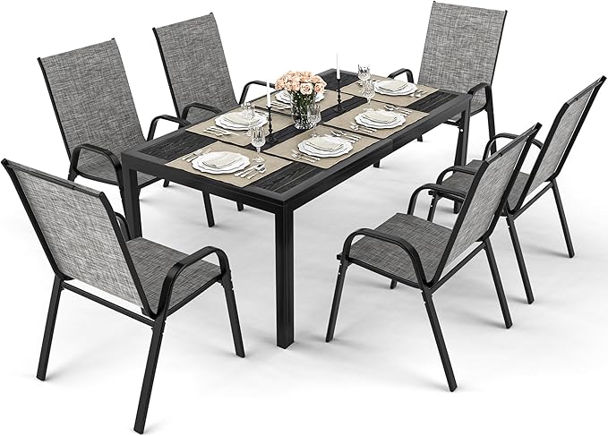 Pamapic Outdoor Dining Sets for 6, Rectangular Steel Slat Table with 6 Textilene Chairs, 7 Piece Patio Table and Chairs Set with Umbrella Hole for Patio, Garden, Backyard and Poolside (Grey) - Image 2