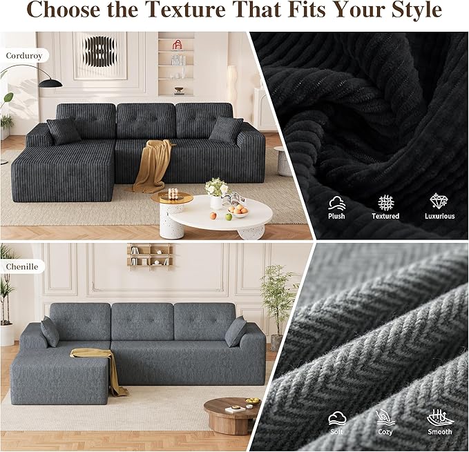 Ball & Cast 106" Boneless Sectional Sofa, Corduroy Modular L Shaped Couch with Deep Seat Chaise, Cloud Style Oversized Sofa for Living Room, No Assembly, Left Facing, Grey
