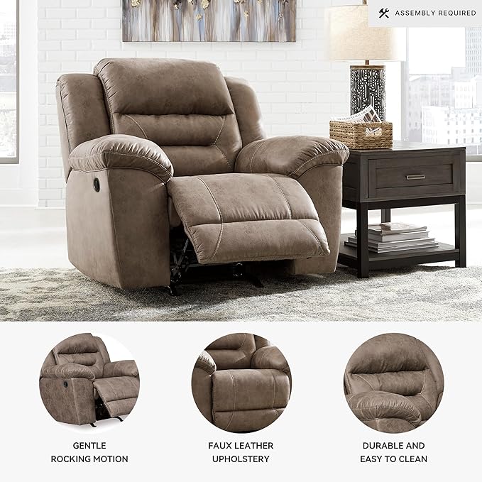 Signature Design by Ashley Stoneland Modern Power Recliner with Gentle Rocking Motion, One-Touch Power Control, Faux Leather, 20.5" Seat Height, Brown
