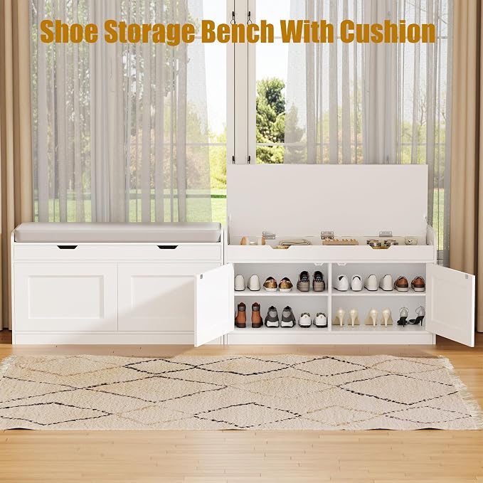 2-Tier Storage Bench, 39.4" Wide Shoe Bench with Lift-Up Top, Shoe Storage Bench with Cushion, Shoe Cabinet with Handleless Doors and Adjustable Shelf for Entryway, Bedroom, White KHD02W - Image 3