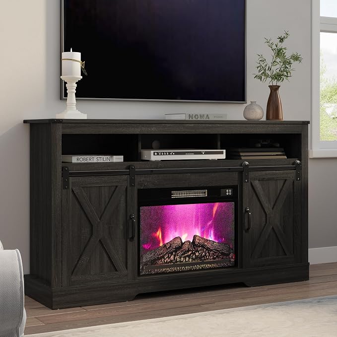 RoyalCraft Farmhouse Fireplace TV Stand for 65+ Inch TV, Entertainment Center with 23" Electric Fireplace with Remote, 34 Tall Modern Rustic TV Console with Sliding Bar Door for Living Room, Dark Grey by Bringyoubetterlife