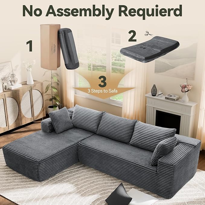 106" Modular Sectional Sofa, Grey Corduroy Cloud Couch with Right Chaise, Deep Seat Boneless Floor Sofa for Living Room, High-Resilience Foam Support, No Assembly Required, Includes Pillows | Sectional Sofa, Corduroy Cloud, Boneless, High-Resilience, N...
