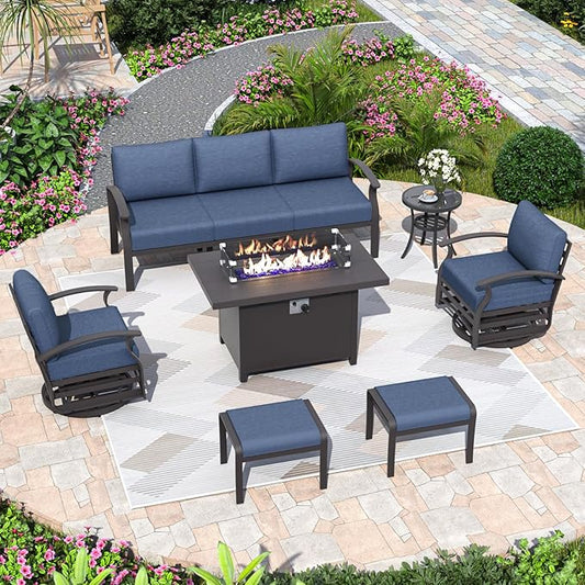 ALAULM Aluminum Patio Furniture Set with Propane Fire Pit Table 7-seat Metal Outdoor Furniture w/Swivel Chairs Patio Sectional Sofas w/2 Ottomans for Porch, Backyard, Poolside-Dark Blue