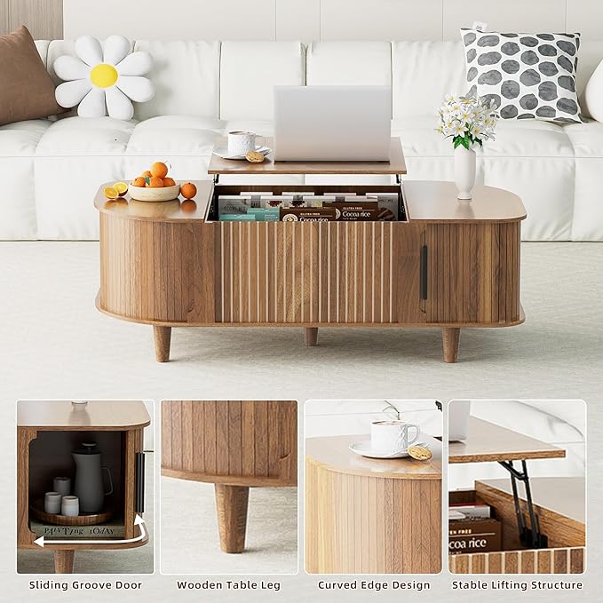 Lift Top Coffee Table, Oval Mid Century Modern Center Table with 3 Hidden Storage, 41" Coffee Tables with Sliding Door and Open Cabinet for Living Room Bedroom Office, Walnut Wood