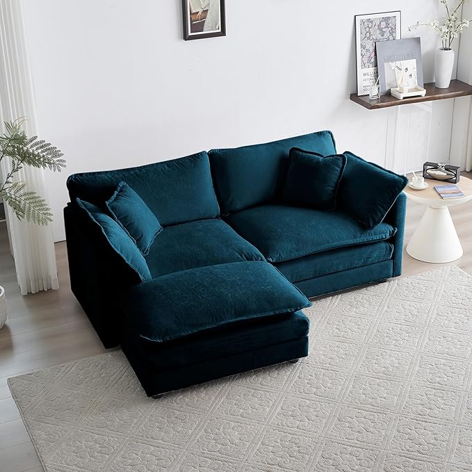KEIKI Loveseat Sofa, Upholstered 2 Seater Couch with 1 Footrest, Oversized L-Shaped Sectional Sofa with Ottoman for Living Room Bedroom Office, Blue