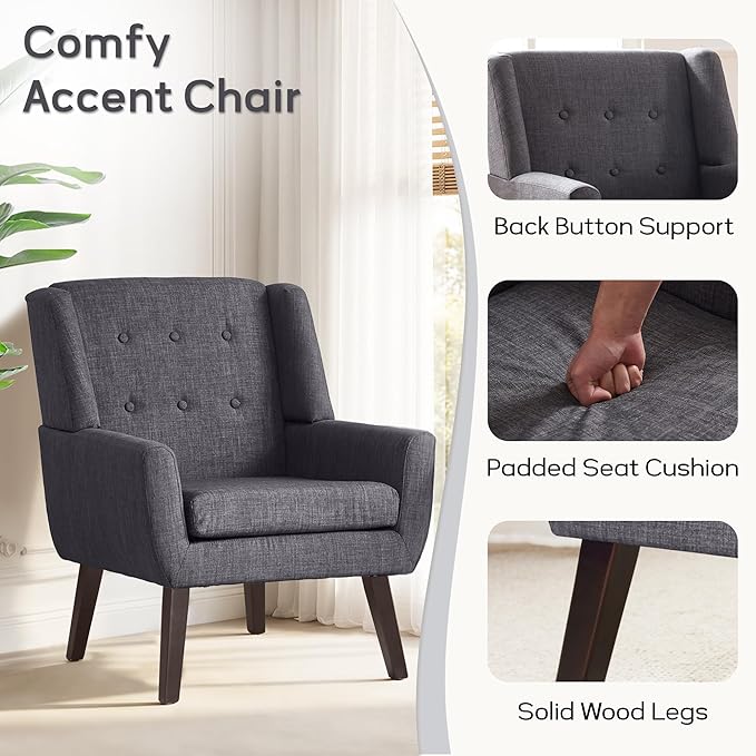 HUIMO Button-Tufted Accent Chairs Set of 2,Upholstered Reading Living Room Chair,Mid Century Modern Chair with Linen Fabric, Club Chair,Comfy Arm Chairs for Living Room,Bedroom,Grey