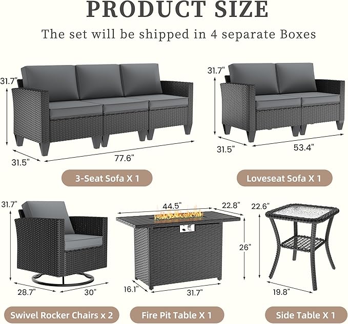 UDPATIO Patio Furniture Set with Fire Pit Table and Swivel Rocking Chairs, 6 Pieces Outdoor Wicker Furniture Set with Waterproof Cover, 4'' Thickened Cushion, Grey