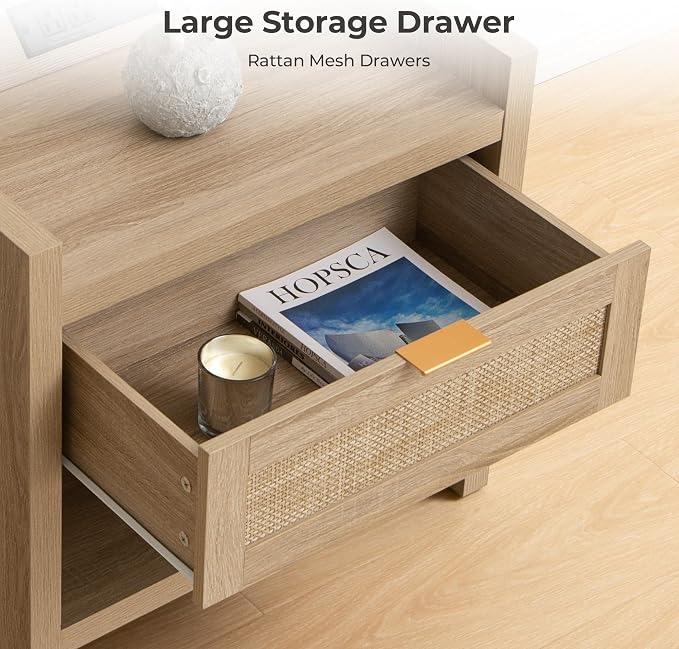 SICOTAS Rattan Nightstand End Table - Boho Night Stand Bedside Table with Type-C Charging Station, Wicker Decor Drawer Storage Cabinet Night Stand for Bedroom - Light Oak - Image 4