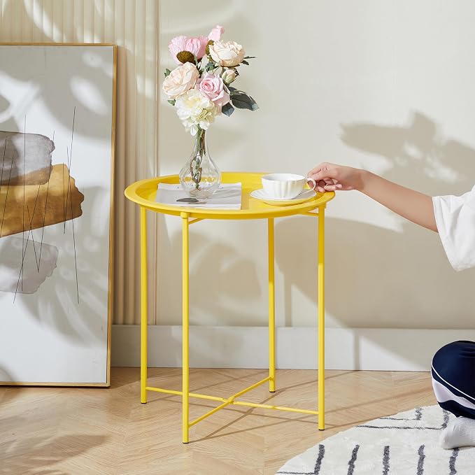 VECELO Side/End Table, Folding Round Metal Anti-Rust and Waterproof Outdoor or Indoor Tray for Living Room Bedroom Balcony and Office, 2 PCS, Yellow - Image 6