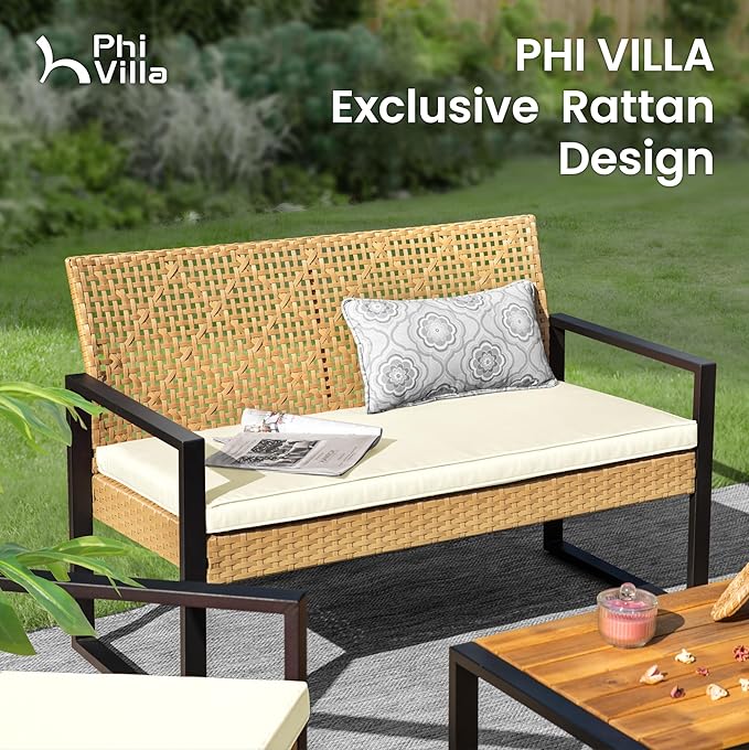 PHI VILLA Patio Wicker Furniture Set for 4, Yellow Rattan Loveseat & Chairs with Beige Cushions & Acacia Wood Coffee Table, Outdoor Modern Conversation Sofa Set for Deck, Yard, Porch
