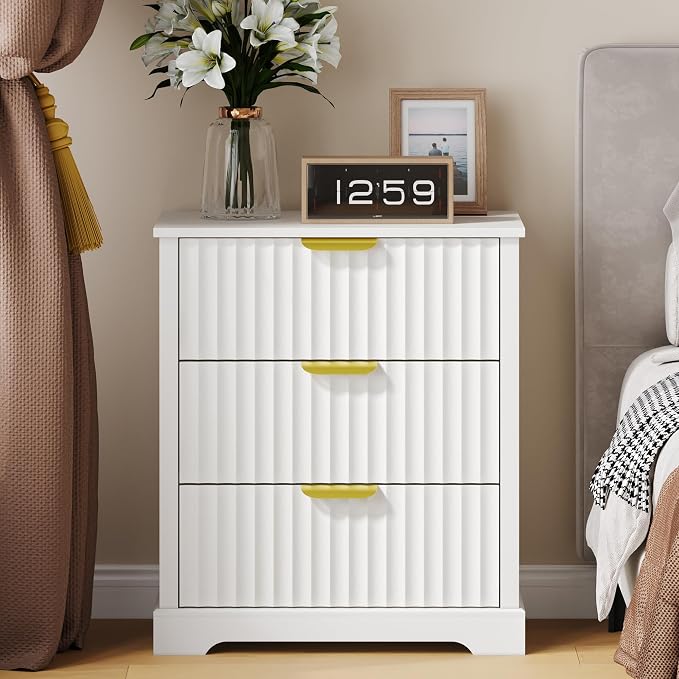 Fluted Nightstand with Charging Station, Modern Night Stand with 3 Drawers and Metal Handles, Large Bedside Table for Bedroom, White - Image 3