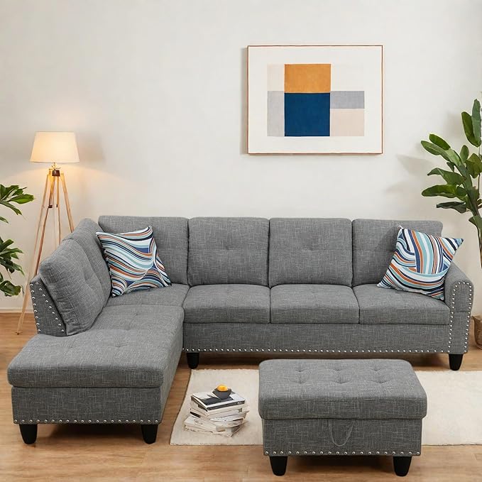 Sectional Couches for Living Room Furniture, 4 Seat L Shaped Couches with Ottoman, Modular Sectional Sofa for Apartment Furniture Sets, Grey