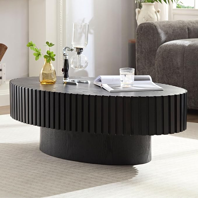 Oval Coffee Table for Living Room Pedestal Fluted Coffee Table Modern Handcrafted Centre Table for Apartment, Easy Assembly 43.7", Black