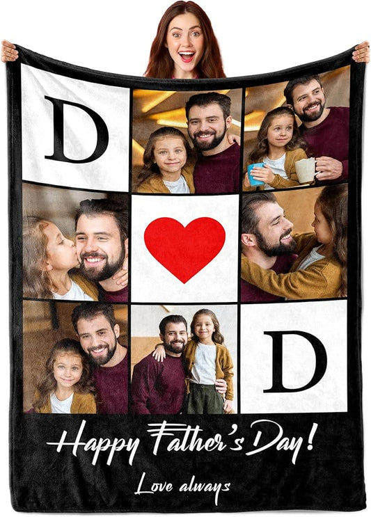Personalized Fathers Day Birthday Gifts from Daughter Son Kids Wife, Customized Father's Day Blanket, Custom Photo Blanket with Pictures Text, Best Dad Ever Christmas Ideas Gifts for Dad Husband Man
