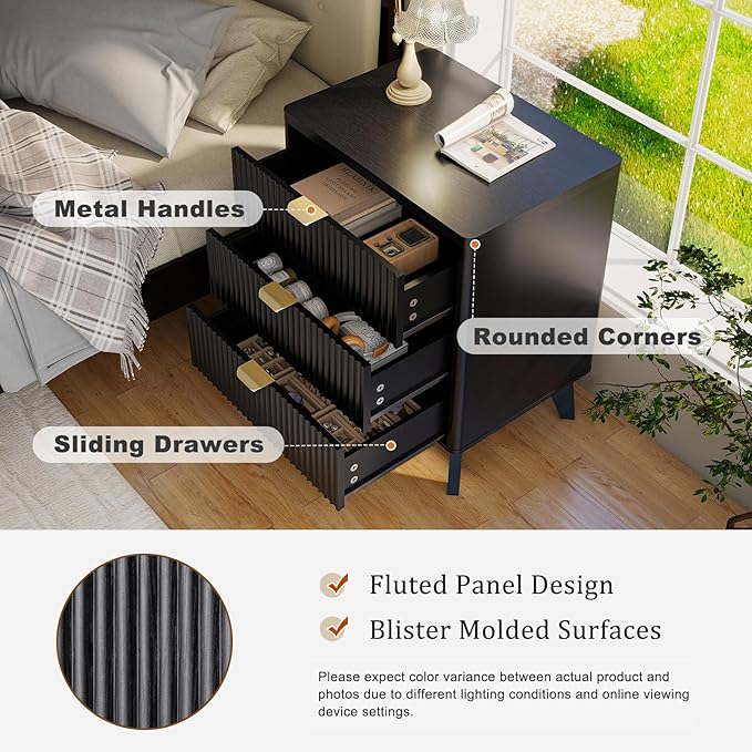 LYNCOHOME Fluted Nightstand Set of 2, Wood Bedside Table with 3 Drawers, Modern Farmhouse Storage End Table for Bedroom, Black - Image 3