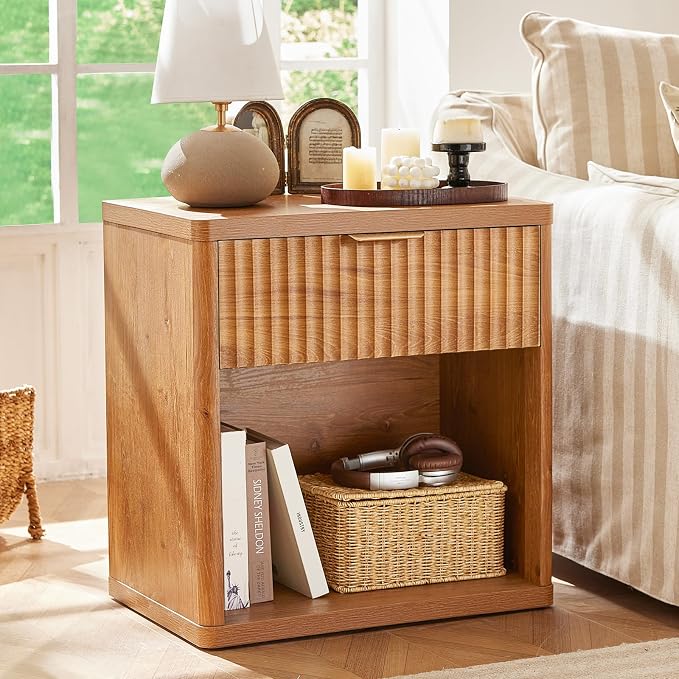 LEYAOYAO Fluted Farmhouse Nightstand Set of 2 with Charging Station, 23" Wide 1 Drawers Night Stand,Brown Dresser for Bedroom,Bed Side Table Chest of Drawers,Wood End Table for Living Room - Image 2