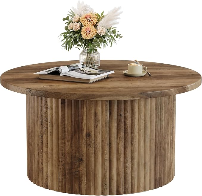 Tribesigns Round Coffee Table, 31.5" Farmhouse Circle Center Table with Fluted Drum Base & Wooden Grain Veneer Top, Modern Wooden Accent Cocktail Table for Small Space, Living Room, Apartment