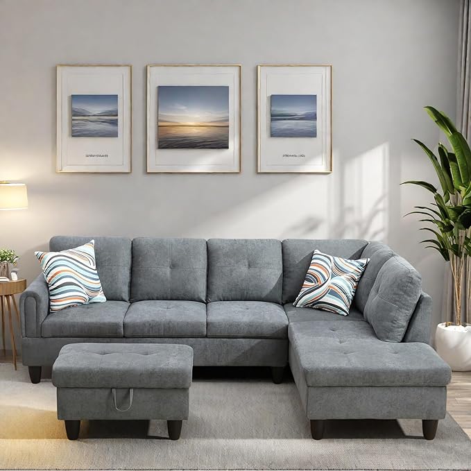 FONTOI L Shaped Sectional Couches, Modern Modular Sectional Sofa for Living Room Bedroom Furniture, Comfortable 4 Seat Couch with Ottoman Storage & Chaise, Gray