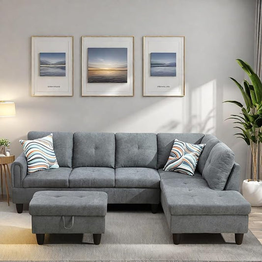 FONTOI L Shaped Sectional Couches, Modern Modular Sectional Sofa for Living Room Bedroom Furniture, Comfortable 4 Seat Couch with Ottoman Storage & Chaise, Gray