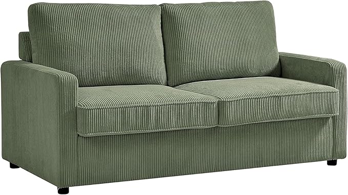 Reversible Sleeper Sofa Bed with Comfortable Memory Foam Mattress, Convertible Corduroy Full Size Pull Out Couch for Living Room, Space Saving Furniture, 70" Wide, Rectangular Arms, Dark Green