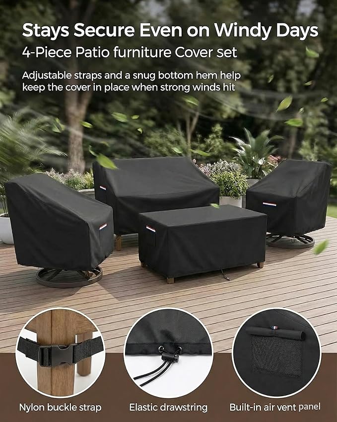 4-Piece Patio Furniture Cover Set, Waterproof Outdoor Furniture Covers for 3-Seater Sofa, Patio Chairs & Coffee Table, Heavy-Duty 600D, Fade&UV-Resistant, Breathable, All-Season Protection, Black - Image 8