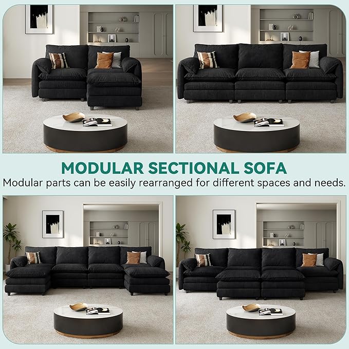DWVO 142" Modular Sectional Sofa, Modern U Shaped Couch with Movable Ottoman, Pillow-Armrest, Velvet 6 Deep Seat Cloud Couch for Living Room, Black