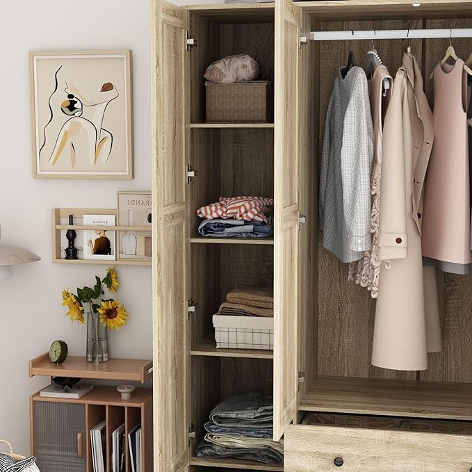 MOUMON 4 Rattan Door Wardrobe with Shelves and Drawers, Armoire Wardrobe with 2 Clothing Rods, Closet for Bedroom Oak 19“D x 59”W x 70.9”H