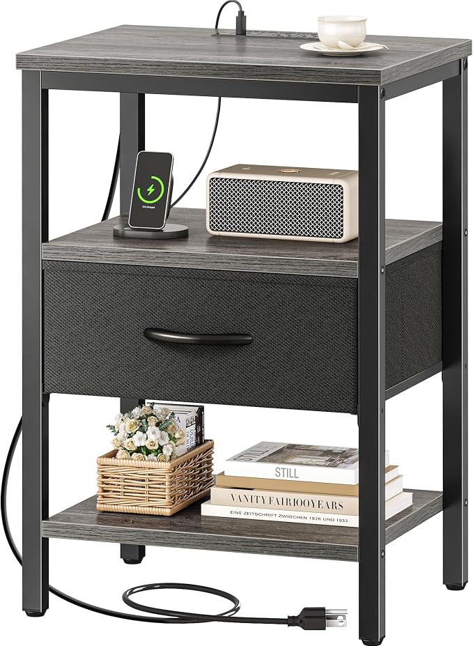 SUPERJARE Nightstand with Charging Station, Bed Side Table with Adjustable Fabric Drawer, Night Stand for Bedroom, 3-Tier Storage End Table, for Living Room, Charcoal Gray by SUPERJARE