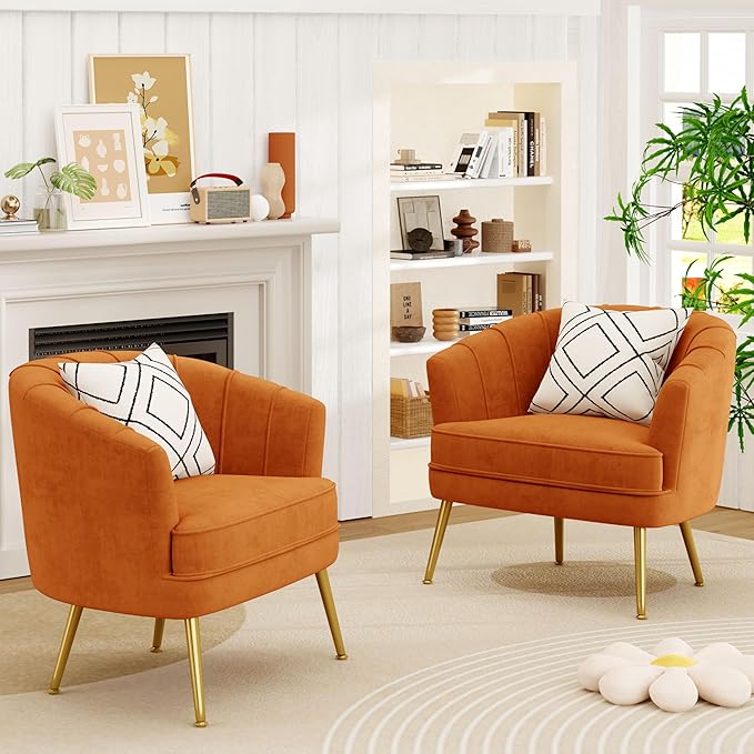 Andeworld Velvet Accent Chair Set of 2, Upholstered Modern Single Sofa Side Chair,Comfy Barrel Club Living Room Armchair with Golden Metal Legs for Bedroom Living Reading Room Office, Orange