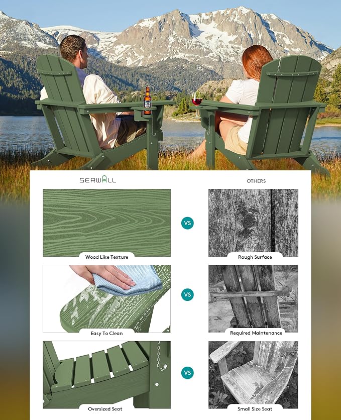 SERWALL Adirondack Chair with Cup Holders - Composite Adirondack Chairs HDPE Outdoor Chairs All Weather Use- Avocado - Image 8