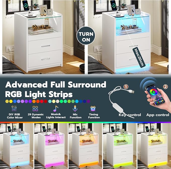 VIAGDO White Nightstand Set of 2 with Charging Station and LED Lights, 2 Drawers LED Night Stand with Tempered Glass Tabletop, Modern End Side Tables with Pull-Out Tray, Open Storage Bedside Tables - Image 6